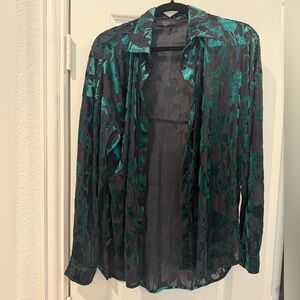 Vici Black and Emarald Green Floral Semi-Sheer Blouse